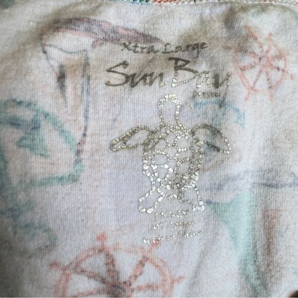 SUN BAY Womens XL Nautical Boat Anchor Print Cotton Short Sleeve Ruffle Neck Top - Picture 4 of 5